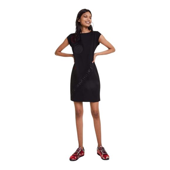 Desigual Black Sheath Dress Embroidered Detail Mandala‎ US Small New - Picture 1 of 10
